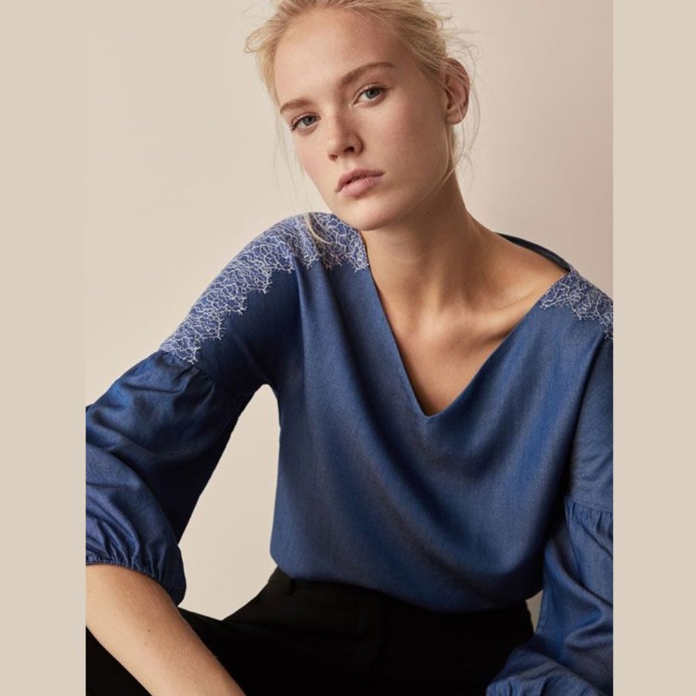 MASSIMO DUTTI Denim Blouse with Lace Finish - Picture 2 of 7